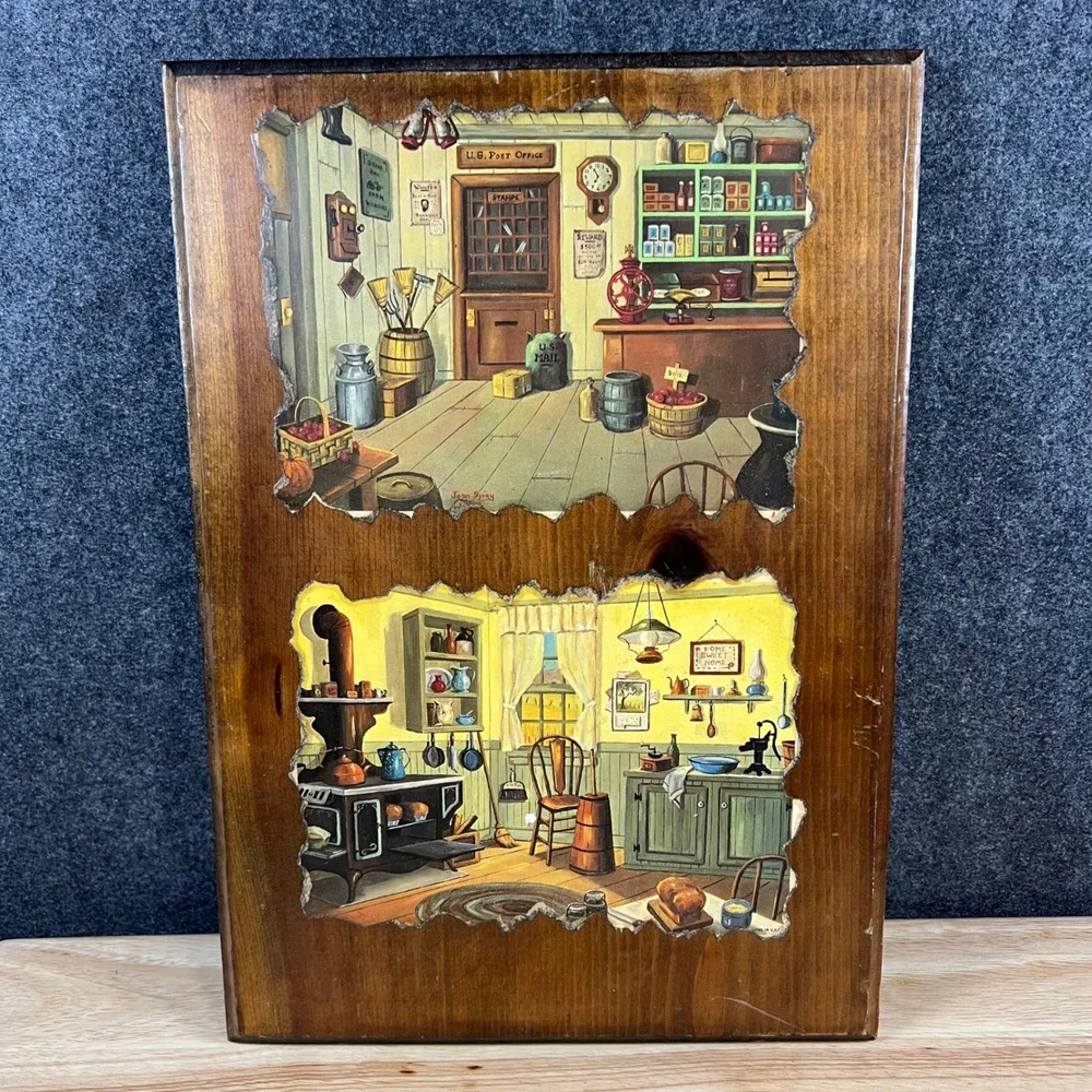Vintage Jean Spicer Wood Plaque General Store and Kitchen Lithograph Americana